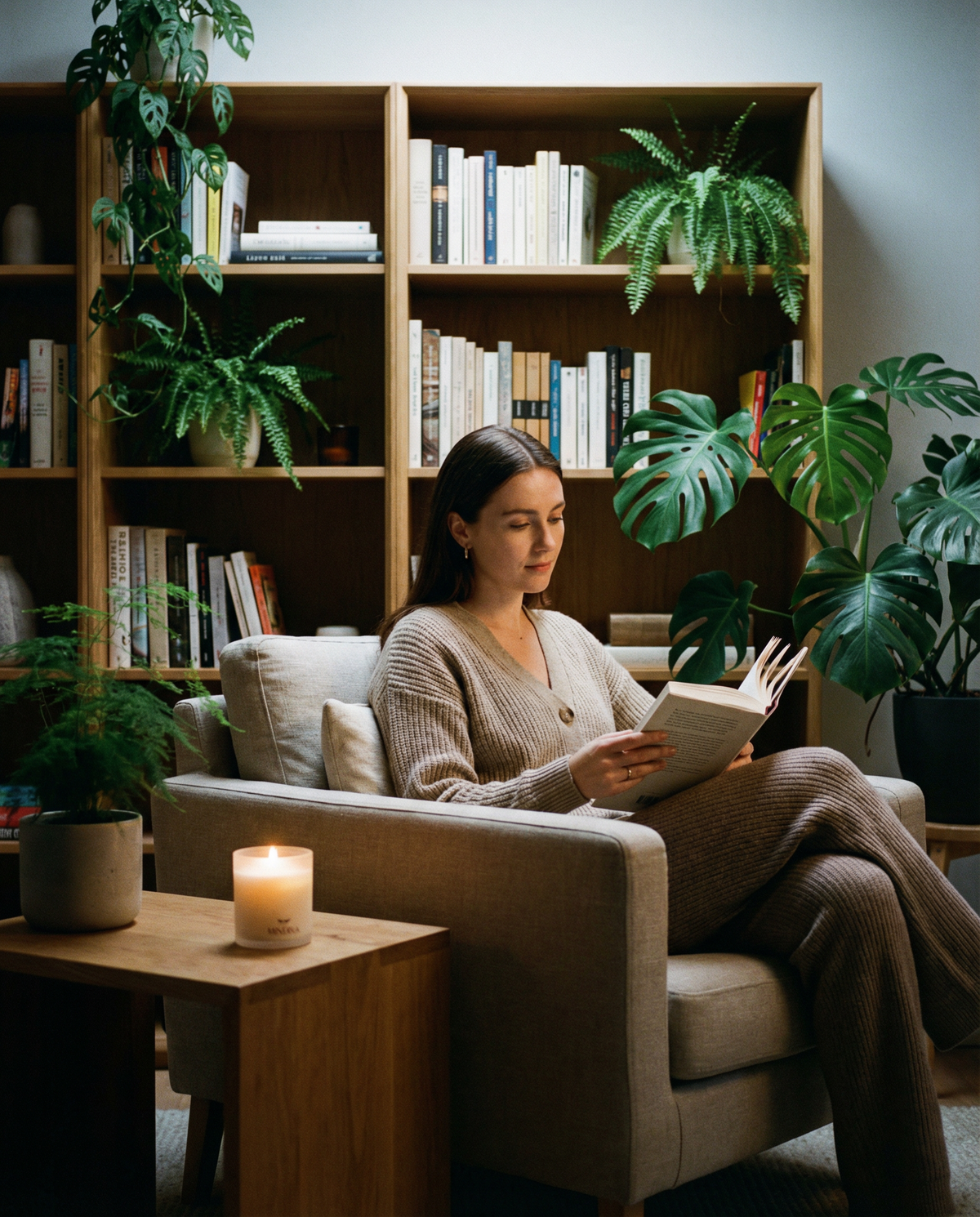 Woman reading a book in a cozy living room with plants and books.