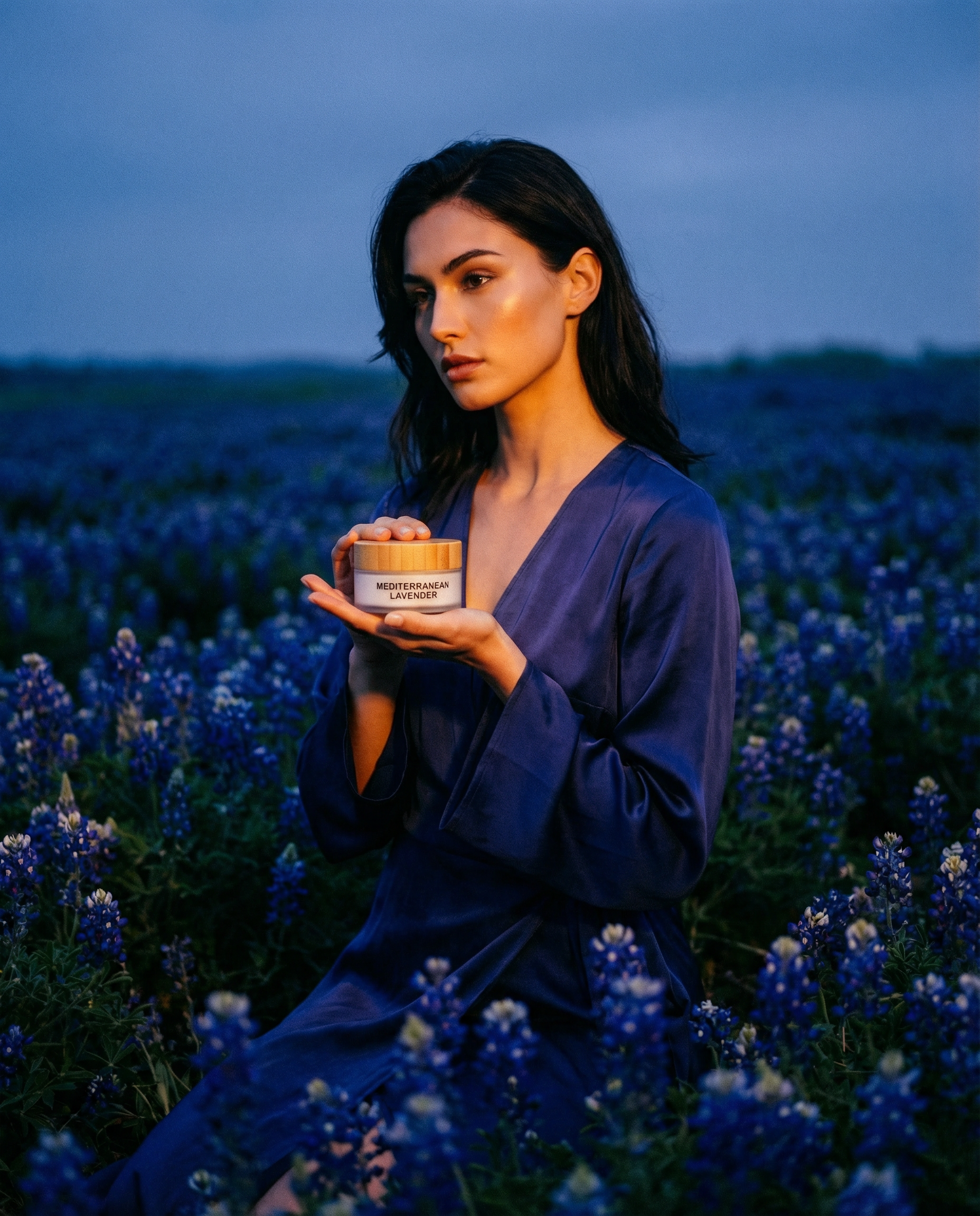 Woman holding a jar in a field of blue flowers at dusk