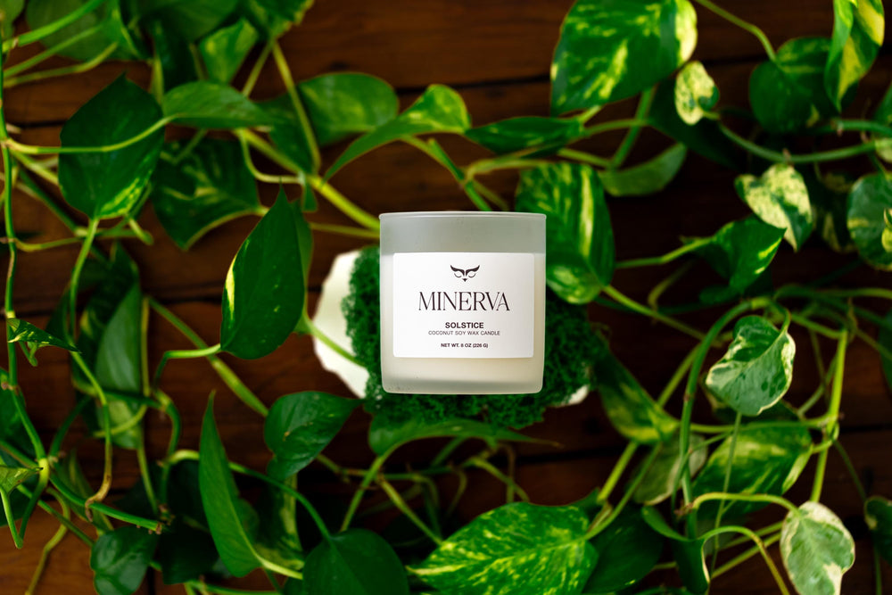 Minerva Solstice coconut soy candle nestled in green moss on a wooden table